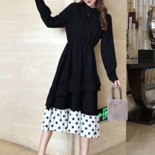 Long-sleeve Polka Dot Panel Midi Shirtdress