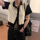 Short-sleeve Two-tone T-shirt Black & Beige - One Size