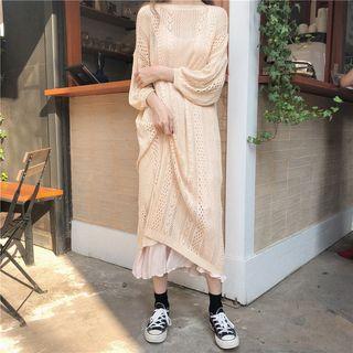 V-neck Midi Spaghetti Strap Dress / Pointelle 3/4-sleeve Knitted Dress