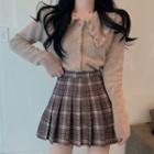 Collared Cardigan / Plaid Pleated Skirt