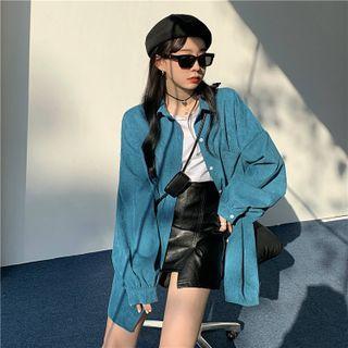 Long-sleeve Shirt / Faux Leather Mini Pencil Skirt