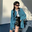 Long-sleeve Shirt / Faux Leather Mini Pencil Skirt