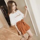 Set: Embroidered Elbow-sleeve Blouse + Tie-waist Wide-leg Shorts