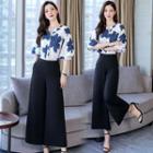 Set: Floral Print Puff Sleeve Blouse + Cropped Wide-leg Pants