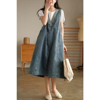 V-neck Denim Midi Overall Dress