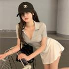 Short-sleeve Collared T-shirt / Side-slit Mini Pencil Skirt