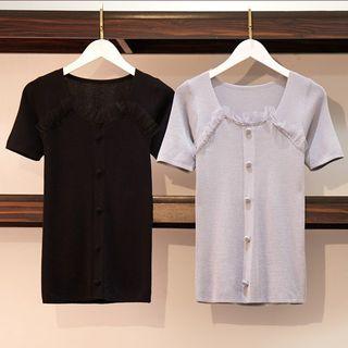 Short-sleeve Mesh Frill Trim Knit Top