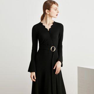 Scalloped Trim Bell-sleeve Midi A-line Dress With Belt