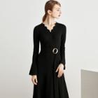 Scalloped Trim Bell-sleeve Midi A-line Dress With Belt