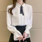 Bell-sleeve Collared Pintuck Blouse