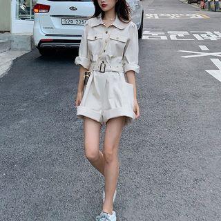 Long-sleeve Sashed Cargo Playsuit