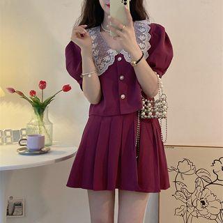 Puff-sleeve Lace Collar Blouse / Pleated Mini A-line Skirt