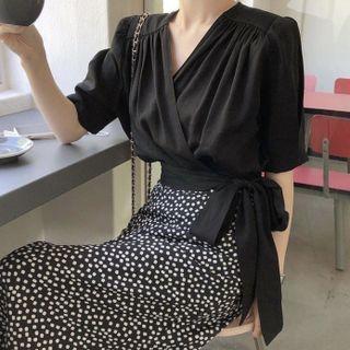 Elbow-sleeve Wrap Blouse / Dotted Midi A-line Skirt