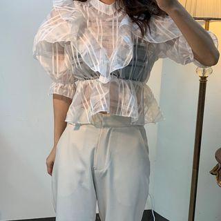 Elbow-sleeve Plaid Ruffle Sheer Blouse