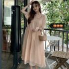 Plain Short-sleeve Midi Dress Pink - One Size