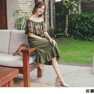 Off-shoulder Ruffle Embroidered Midi Dress