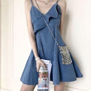 Ruffle Trim Sleeveless Denim Dress