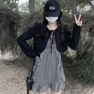 Spaghetti Strap V-neck Ruffle Trim Plaid Mini Dress / Long-sleeve Tie-strap Cropped Cardigan