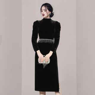 Long-sleeve Rhinestone Fringe Velvet Cocktail Dress