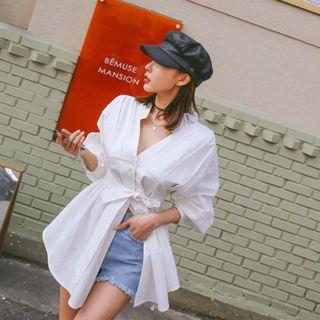 Mandarin-collar Peplum Blouse With Sash