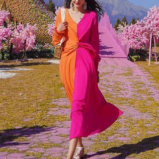 Long-sleeve Two-tone Twist-front Midi A-line Dress
