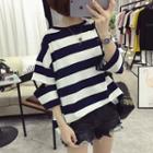 Cut Out Elbow-sleeve Striped T-shirt