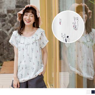 Cat Print Ruffled Neck Top