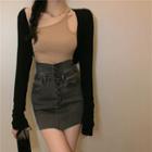 Long-sleeve Plain Cardigan / Asymmetric Shoulder Plain Top / High-waist Slim Fit Denim Skirt