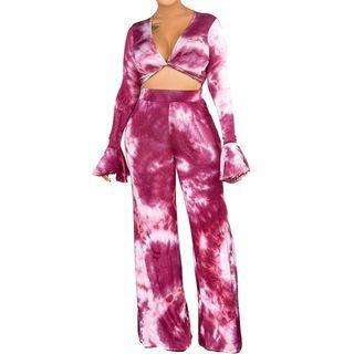 Set: Dye Print Flared-sleeve Crop Top+ Wide-leg Pants