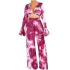 Set: Dye Print Flared-sleeve Crop Top+ Wide-leg Pants