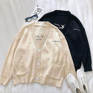 Lettering Embroidered Single-breasted Long-sleeve Cardigan