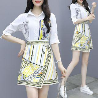 Set: Elbow-sleeve Cartoon Print Shirt + Patterned Paneled A-line Skirt