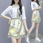 Set: Elbow-sleeve Cartoon Print Shirt + Patterned Paneled A-line Skirt