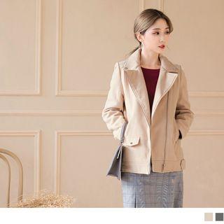 Notched-lapel Zipper Biker Jacket