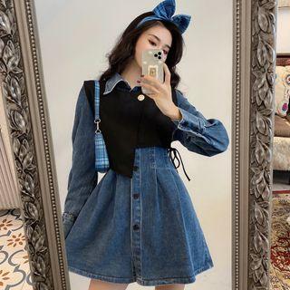 Denim Shirtdress / Drawstring Sweater Vest