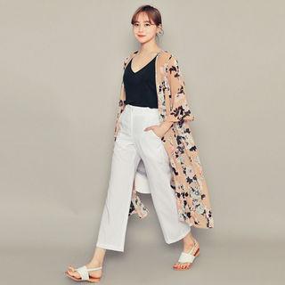 Bell-sleeve Floral Print Robe Cardigan