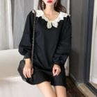 Bow Accent Long-sleeve Mini A-line Dress Black - One Size