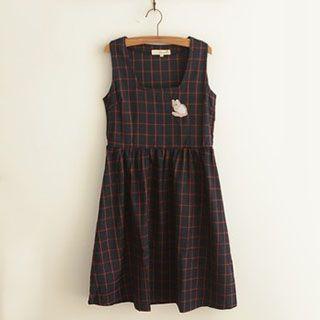 Sleeveless Embroidered Plaid Dress