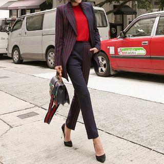 Set: Striped Panel Long Blazer + Slim-fit Dress Pants