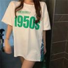 Mock Two-piece Elbow-sleeve Lettering Print T-shirt White - One Size