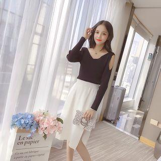 Set: Cold Shoulder V-neck Knit Top + Asymmetrical A-line Skirt
