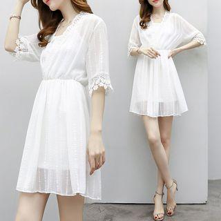 Set: Crochet Trim Elbow Sleeve Dress + Slipdress