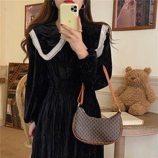 Long-sleeve Layered Collar Midi A-line Dress Black - One Size