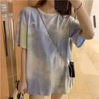 Moon Embroidered Dye Print Elbow-sleeve T-shirt
