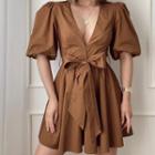 Puff Sleeve V-neck Tie-waist A-line Dress