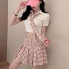 Set: Short-sleeve Collared Tie-neck Top + Plaid Mini A-line Skirt