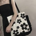 Flower Print Canvas Tote Bag Black & White - One Size
