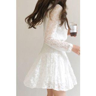 Plunge-neck Gathered-waist Lace Dress