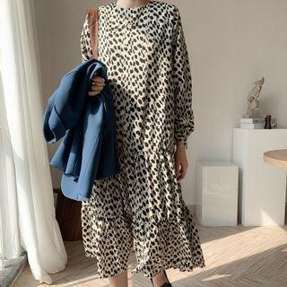 Long-sleeve Dotted Midi Shift Dress