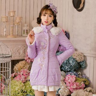 Flower Embroidered Faux-fur Panel Long Padded Coat
